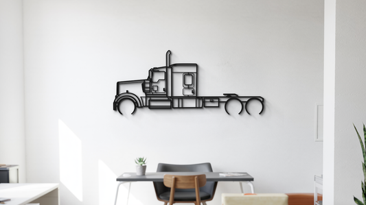 Semi-truck metal wall art on man cave wall — 2mm powder-coated steel, ready to hang.